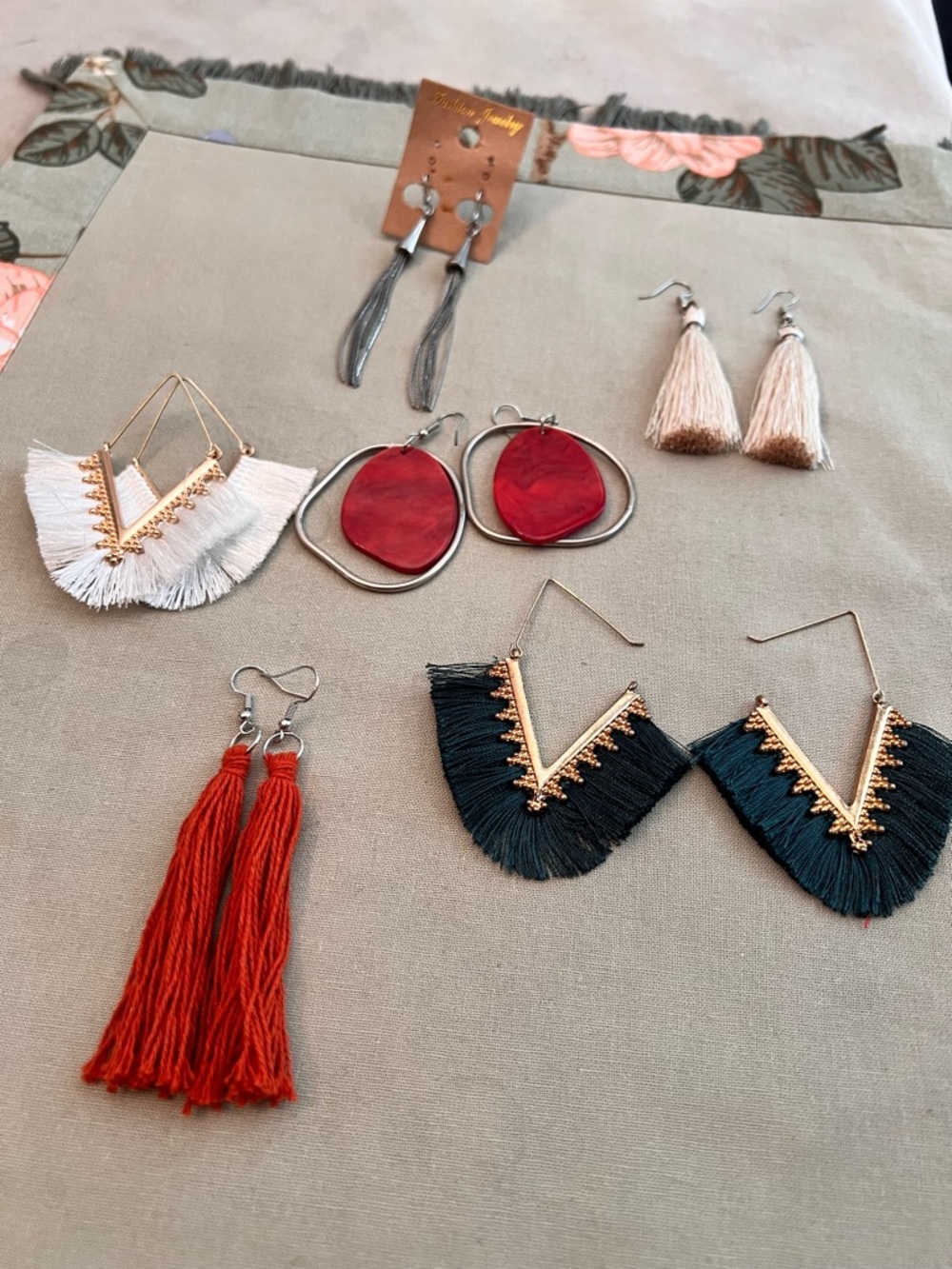 Assorted Women’s Tassel & Fringe Earrings - Red, Black, White, Cream, Coral.